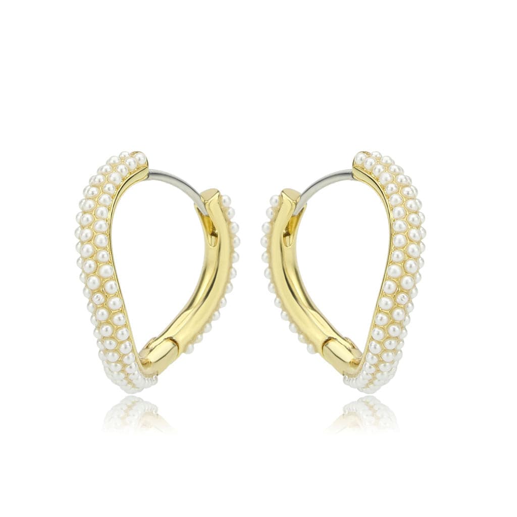 Brass Gold Pearl Encrusted Teardrop Huggie Earrings