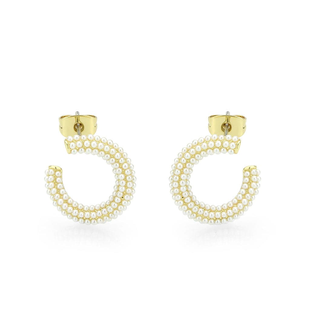 Brass Gold Pearl Encrusted Thick C-Hoop Earrings