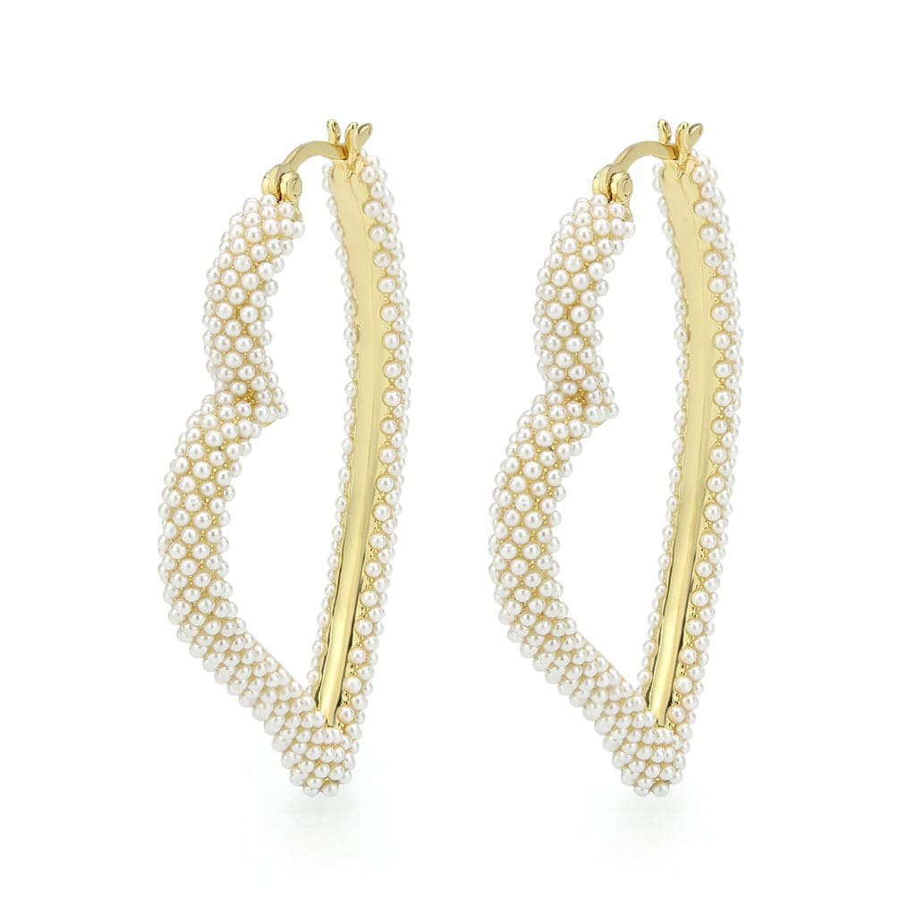 Brass Gold Pearl Encrusted Wave Leaf Drop Earrings