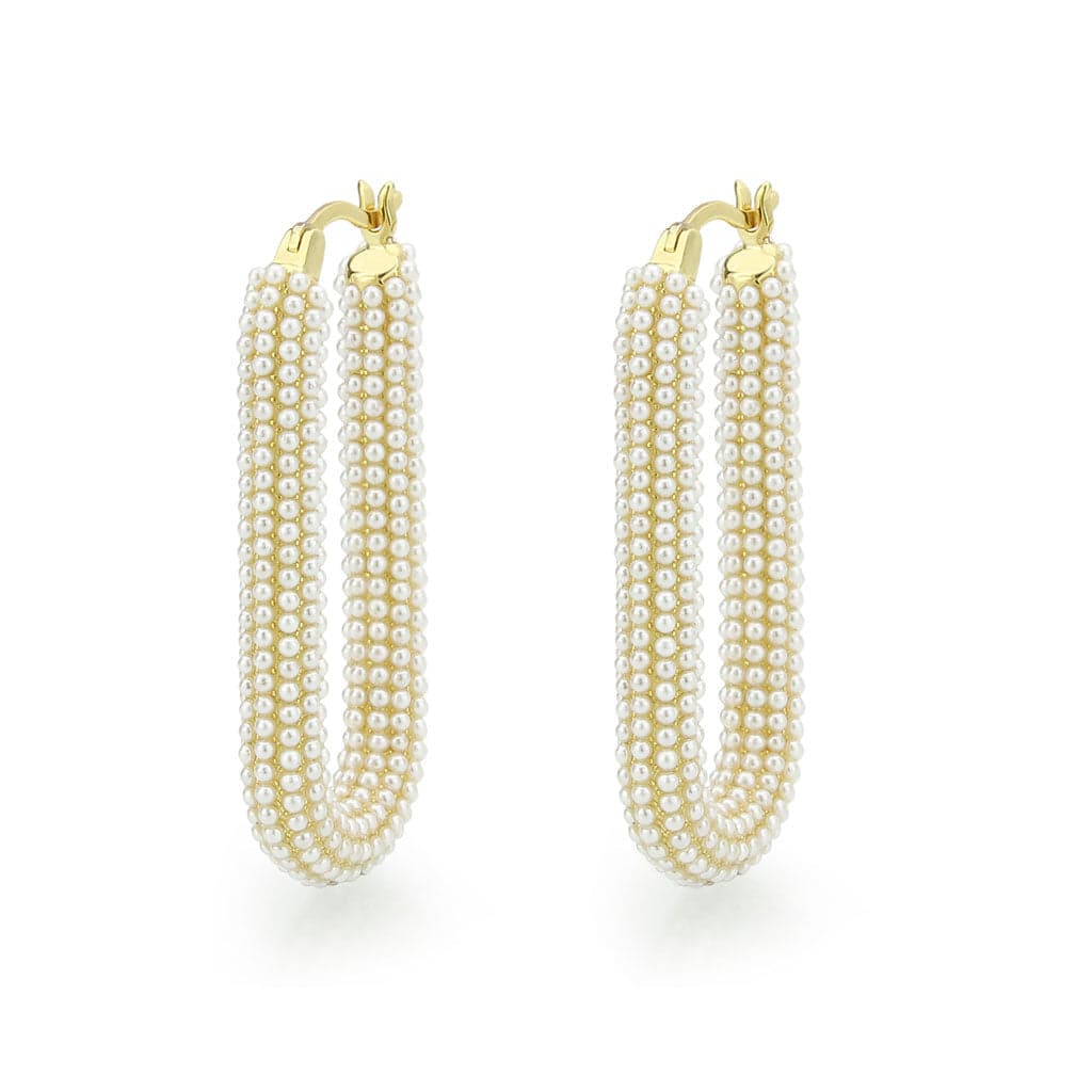 Brass Gold Pearl Encrusted Elongated U-Hoop Earrings