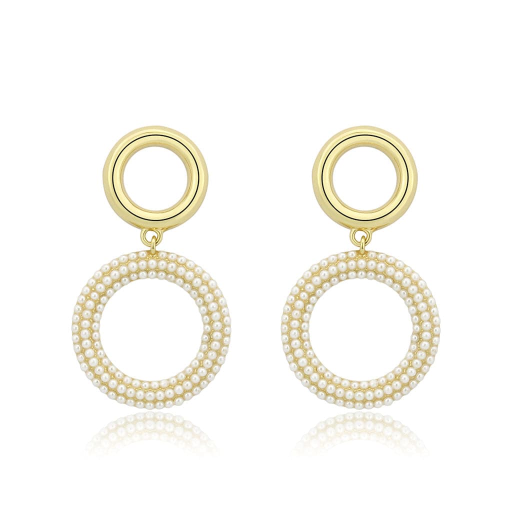 Brass Gold Pearl Encrusted Double Circle Drop Earrings