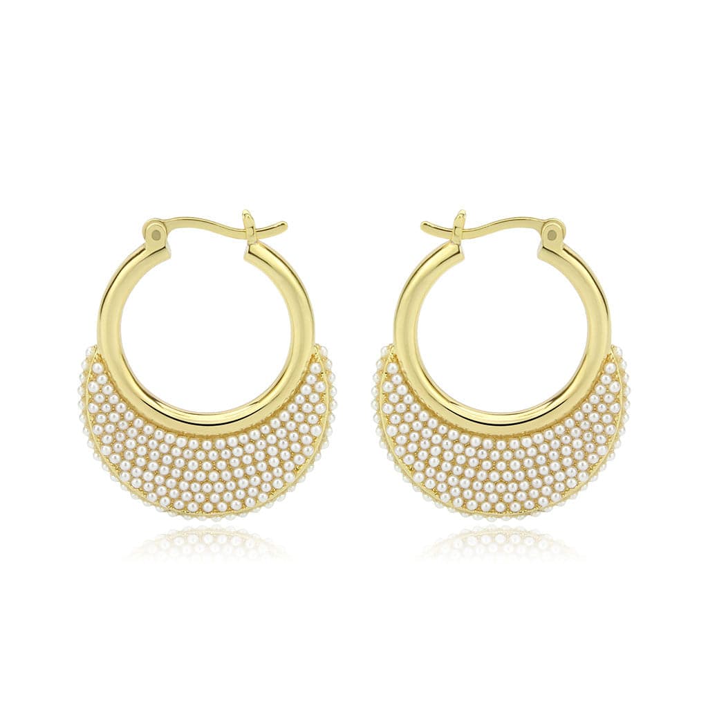 Brass Gold Pearl Encrusted Crescent Moon Hoop Earrings