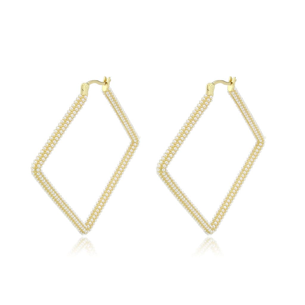 Brass Gold Pearl Encrusted Diamond Shape Hoop Earrings