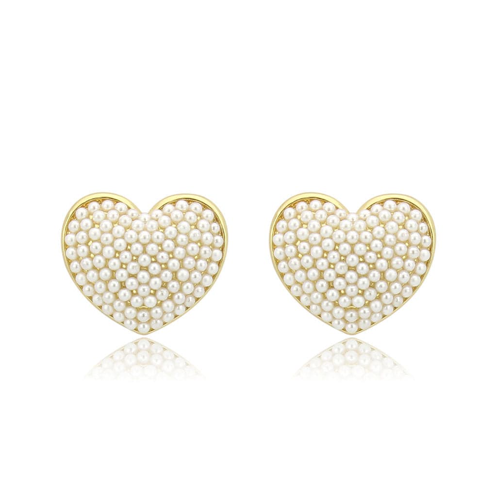 Brass Gold Pearl Encrusted Heart Stud Earrings