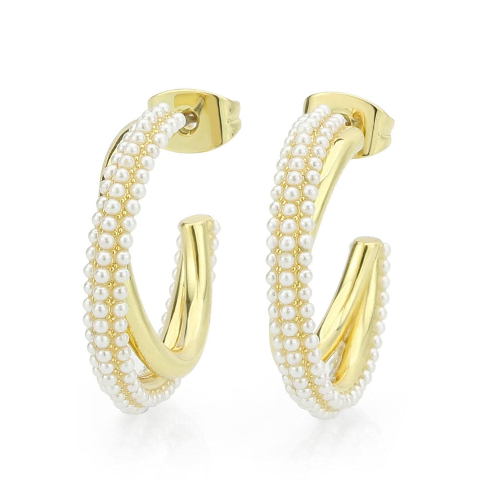 Brass Gold Pearl Encrusted Crossover Hoop Earrings