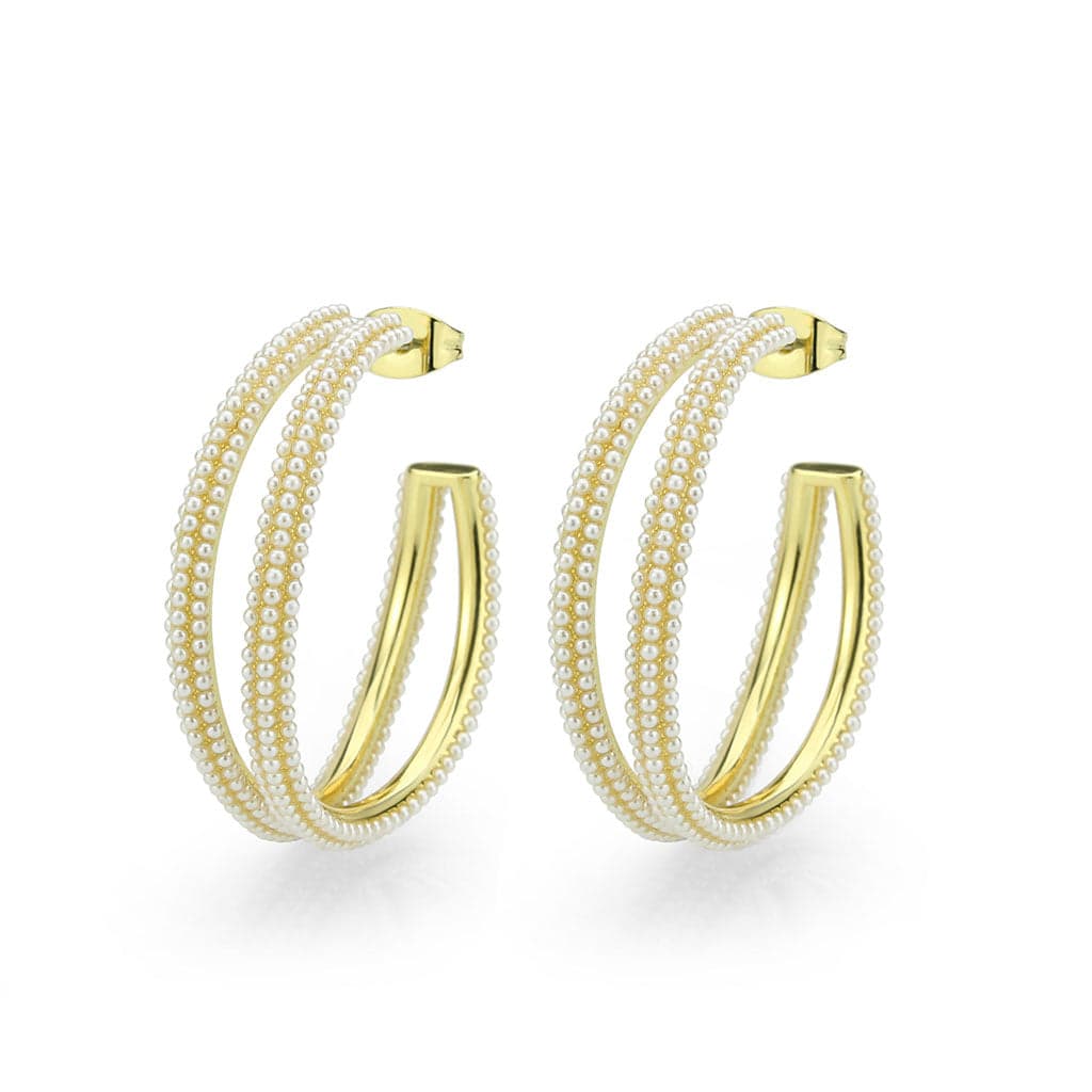 Brass Gold Pearl Encrusted Triple Row Hoop Earrings