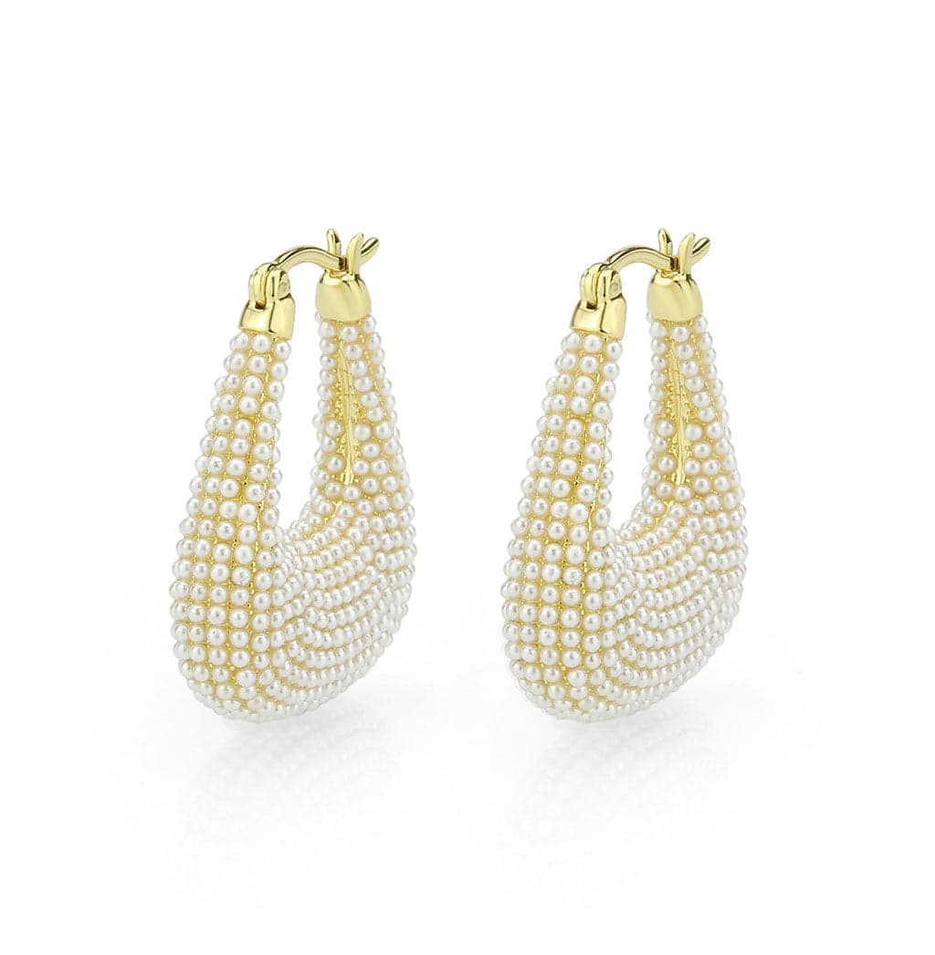 Brass Gold Pearl Encrusted Teardrop Hoop Earrings