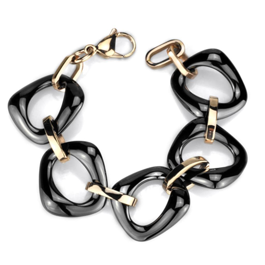 Stainless Steel Black Ceramic Open Cushion Gold Link Bracelet