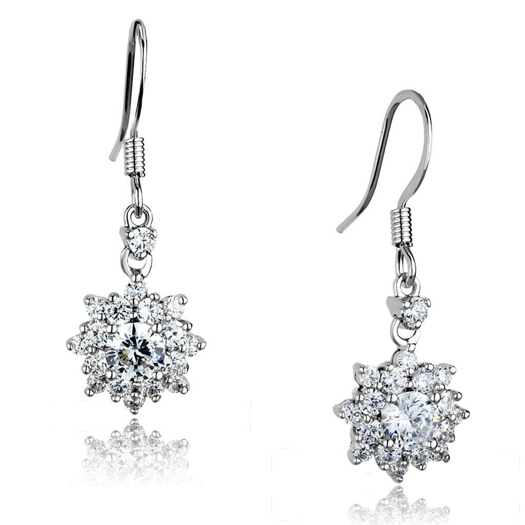 Brass CZ Flower Cluster Drop Hook Earrings