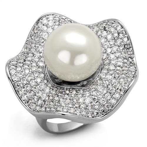 Brass Pearl CZ Pavé Flower Petal Dome Ring