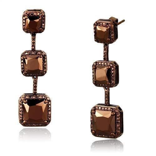 Brass Coffee CZ Cushion Square Tiered Drop Earrings
