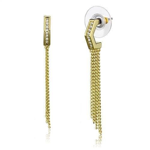Brass Gold CZ Huggie Chain Tassel Earrings