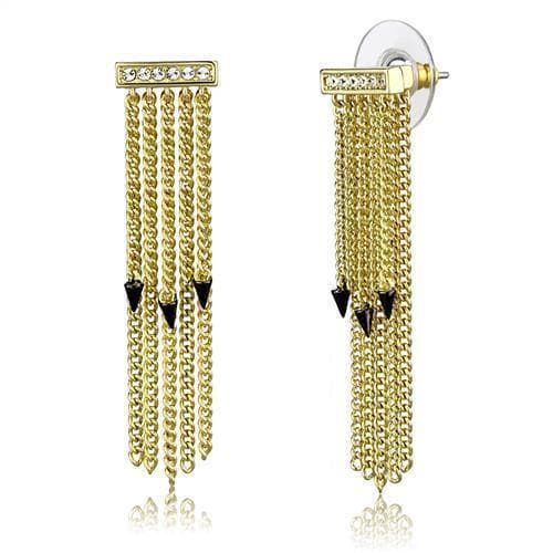 Brass Gold CZ Chain Fringe Black Spike Earrings