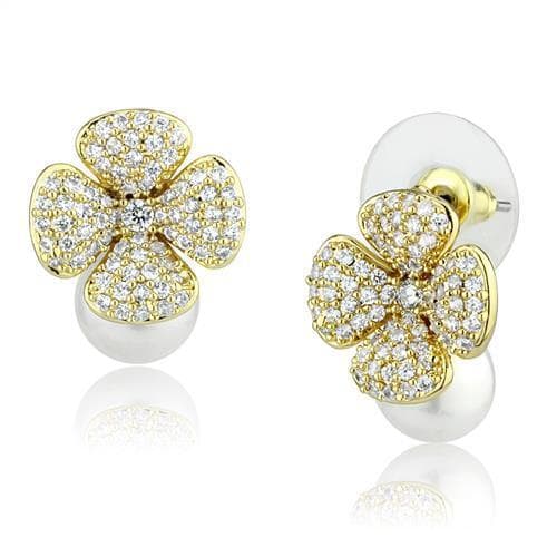 Brass Gold CZ Four-Petal Flower Stud Earrings