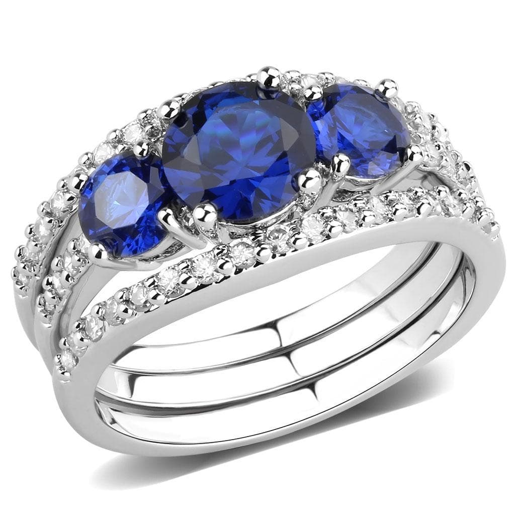 Brass Sapphire Round Three-Stone Pavé Ring