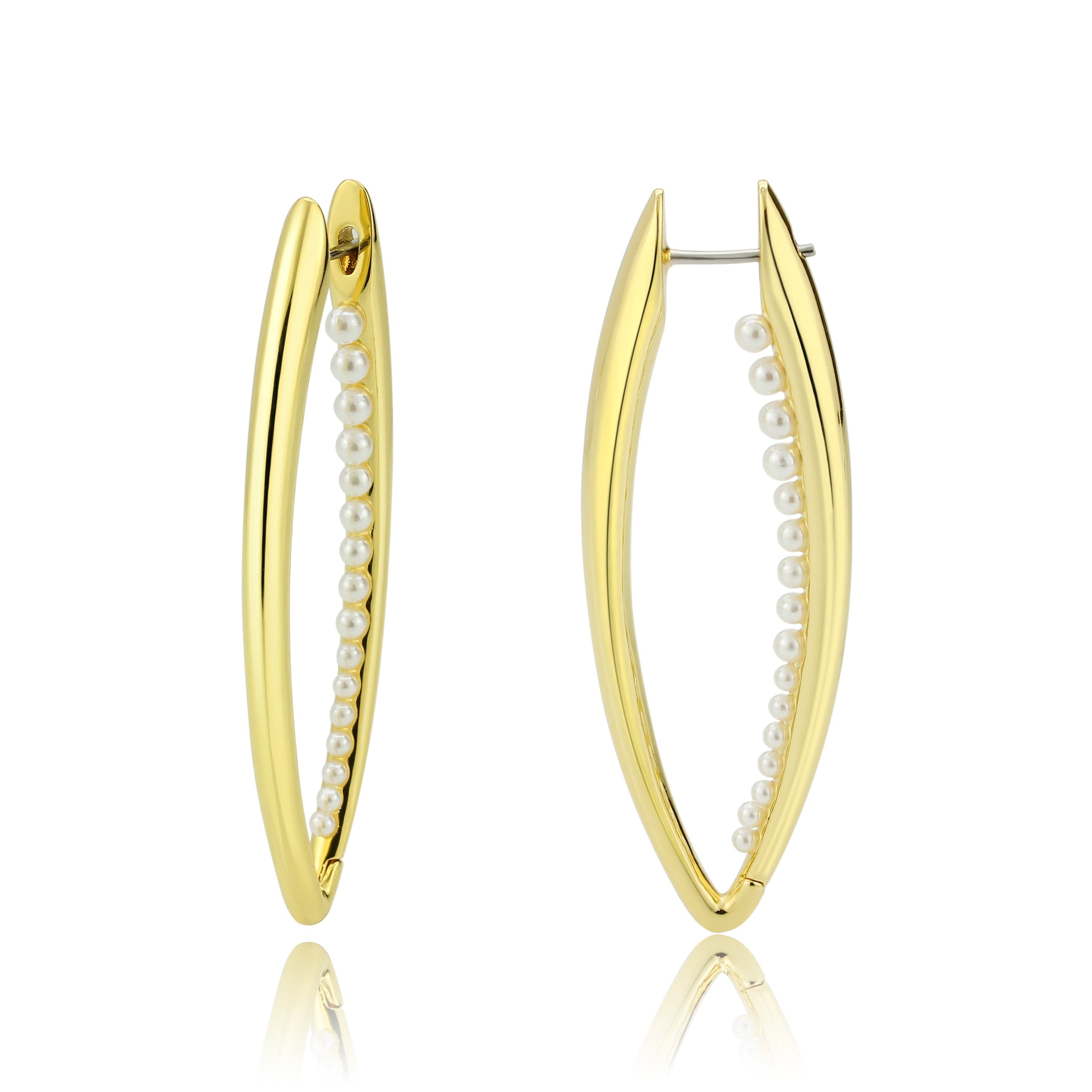 Brass Gold Pearl Channel Elongated Hoop Earrings