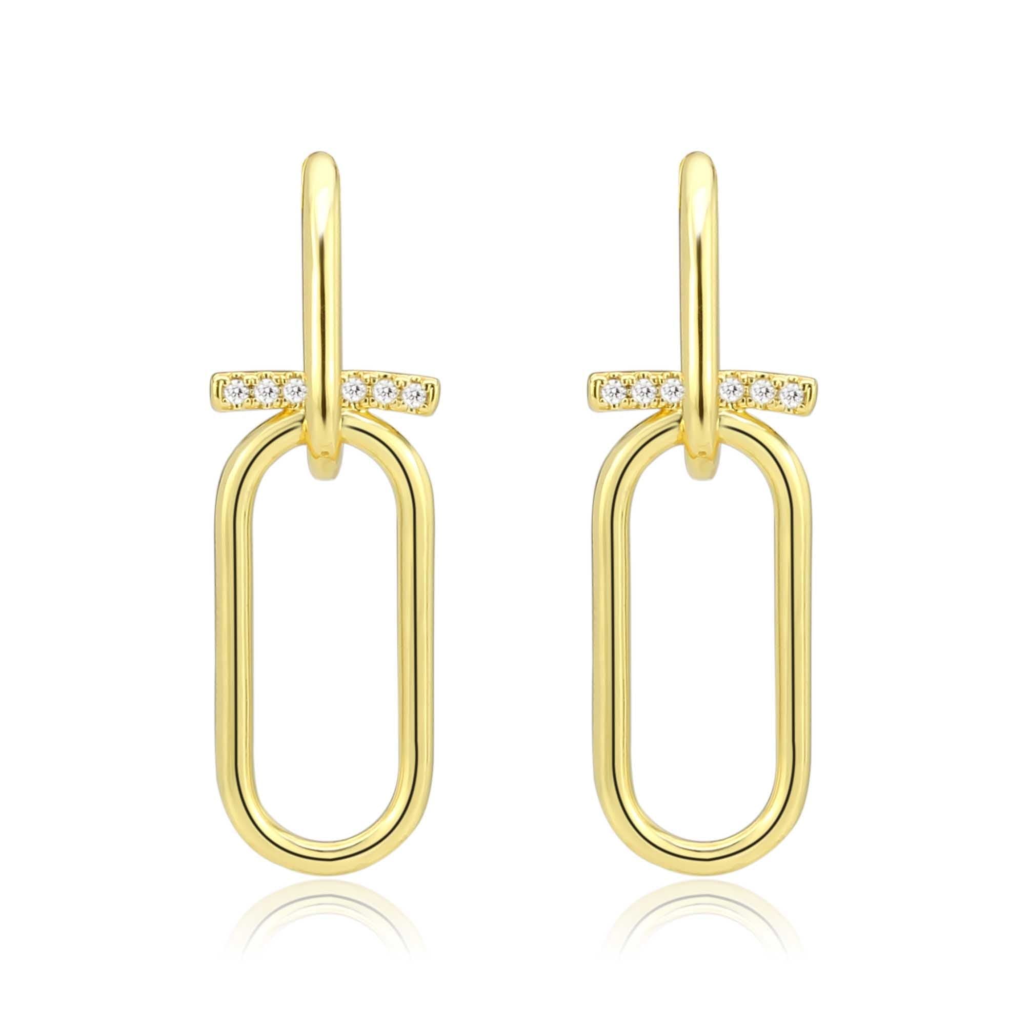 Brass Gold CZ Bar Paperclip Link Drop Earrings