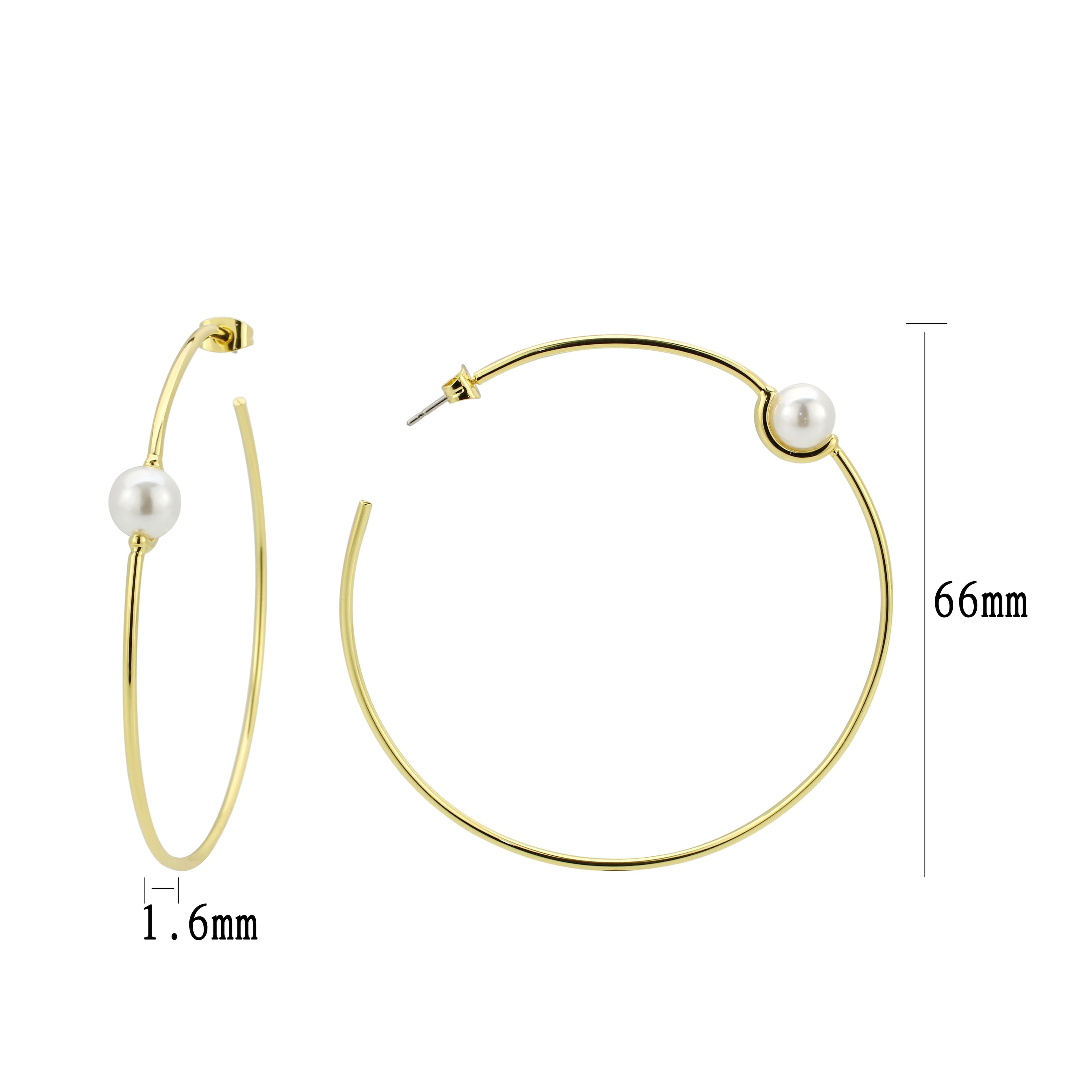 Brass Gold Pearl Accent Thin Large Hoop Earrings