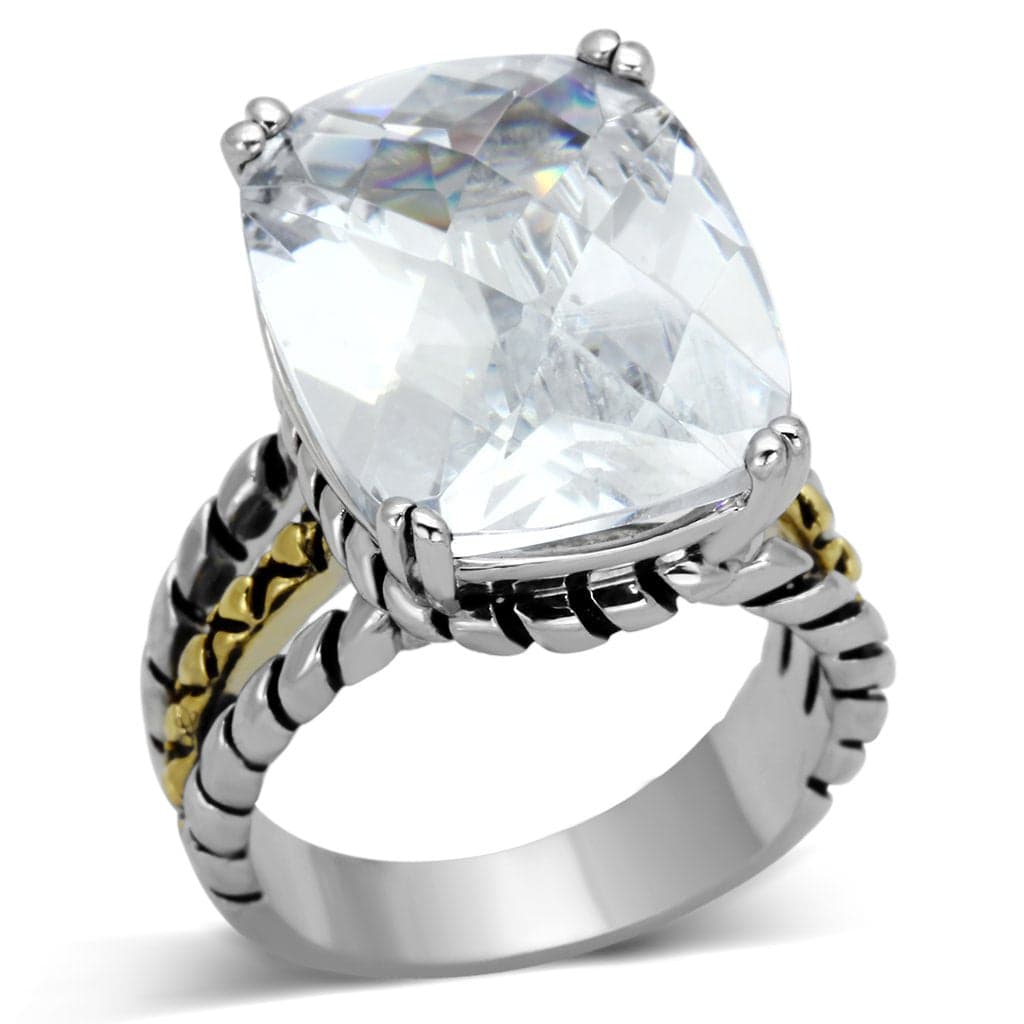 Brass Clear CZ Cushion Two-Tone Cable Solitaire Ring