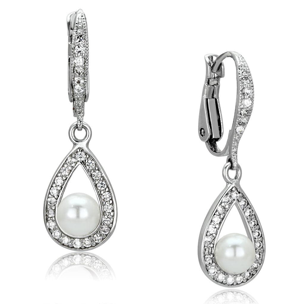 Brass Pearl CZ Pave Teardrop Lever-Back Drop Earrings