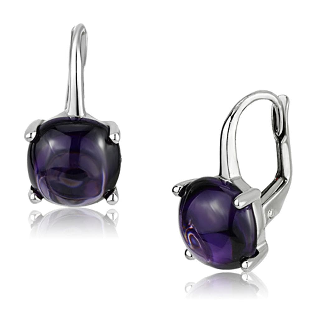 Brass Amethyst Cabochon Lever-Back Drop Earrings