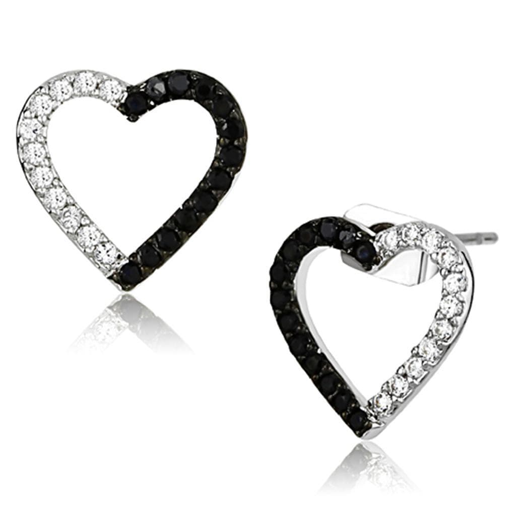 Brass Black White CZ Open Heart Stud Earrings