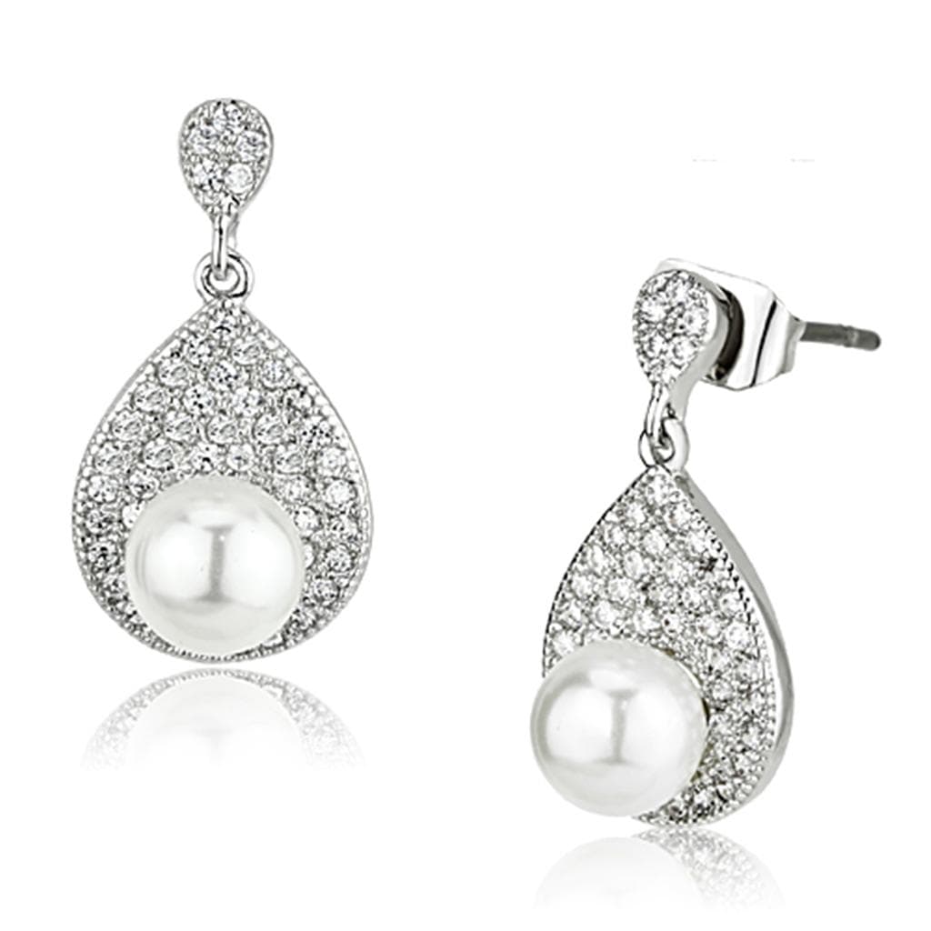 Brass Pearl CZ Pave Teardrop Dangle Drop Earrings