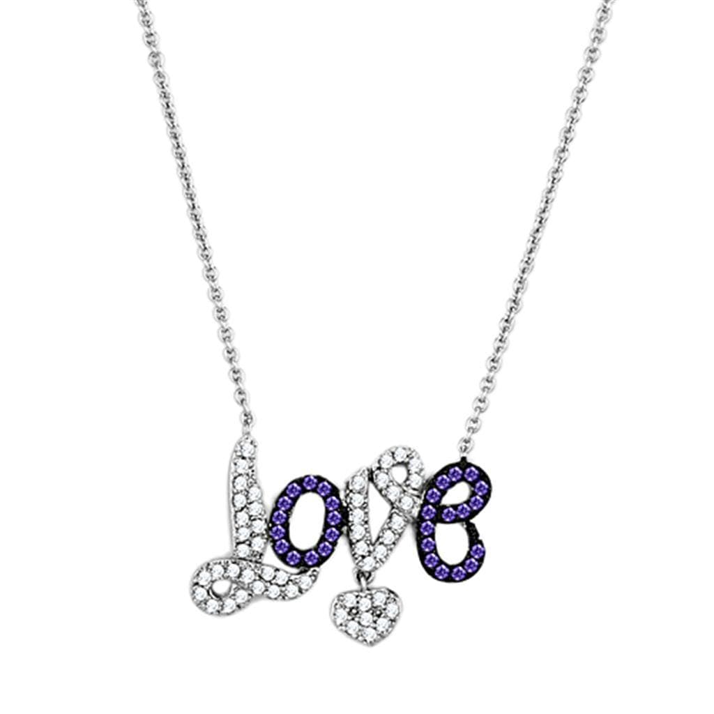 Brass CZ Pave Love Script Amethyst Pendant Necklace