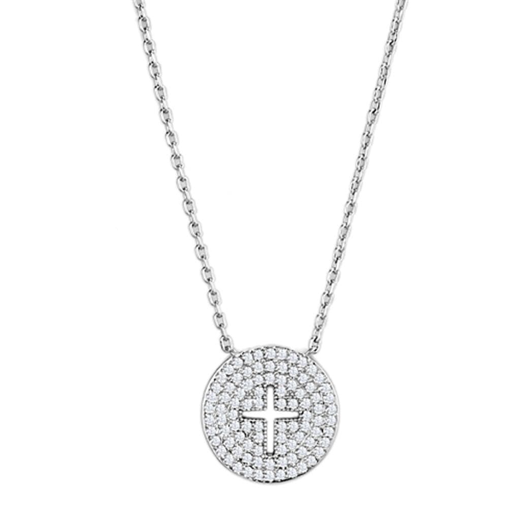 Brass CZ Pave Cross Circle Disc Pendant Necklace