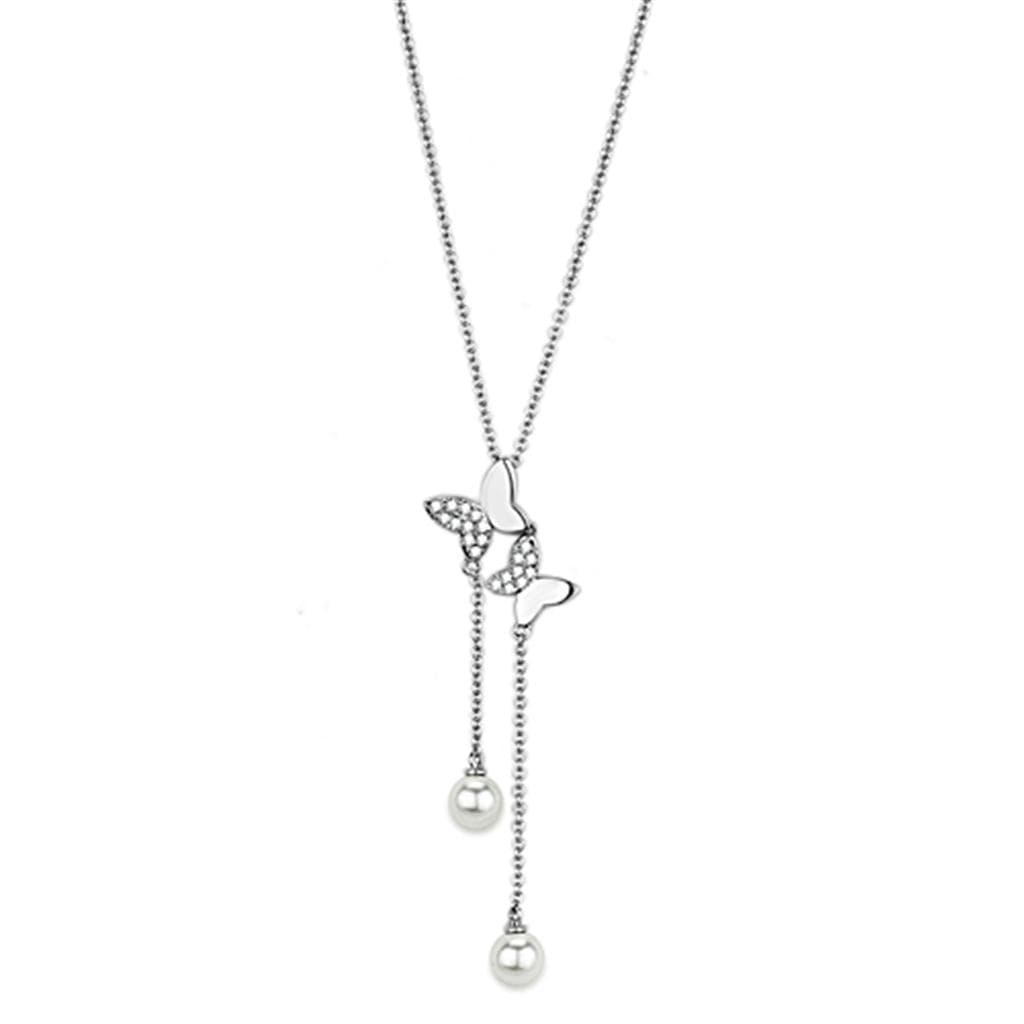 Brass Pearl Butterfly CZ Lariat Y-Drop Necklace