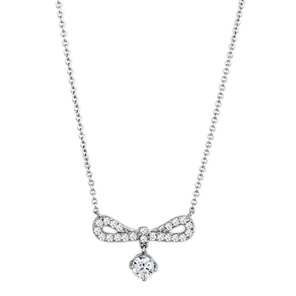 Brass CZ Pave Bow Ribbon Dangle Pendant Necklace