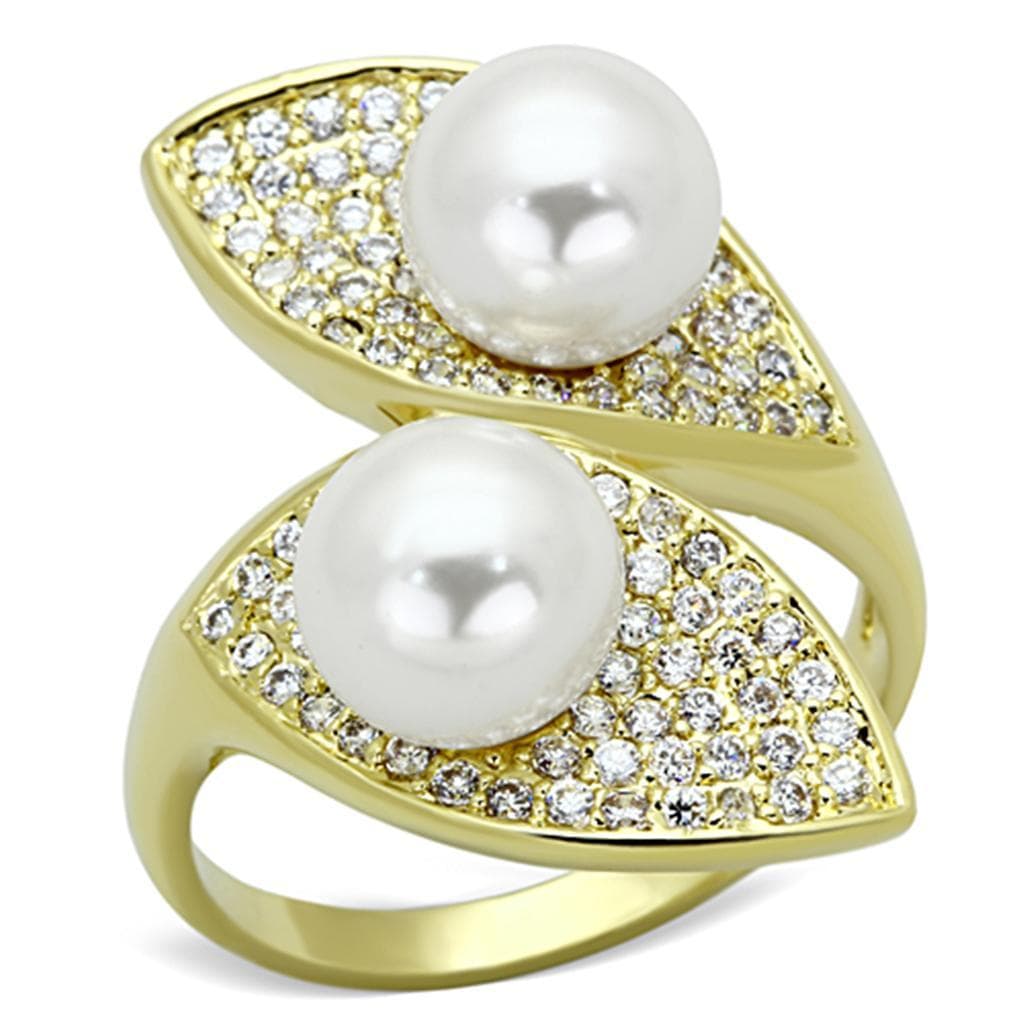 Brass Gold Pearl CZ Pave Leaf Bypass Ring | The Stainless Jewelry