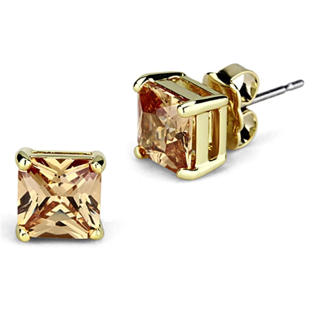 Brass Gold Champagne CZ Princess Prong Stud Earrings