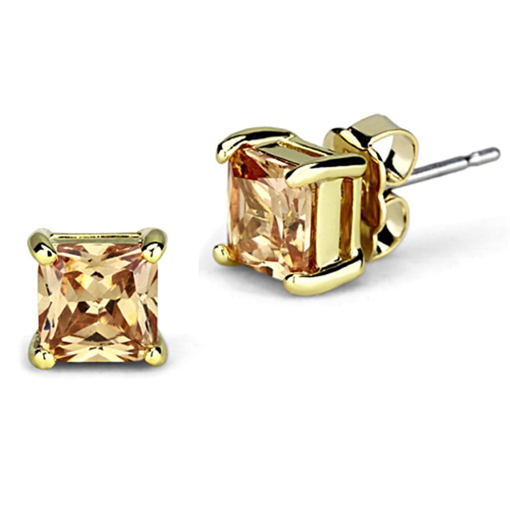 Brass Gold Champagne CZ Princess Prong Stud Small Earrings