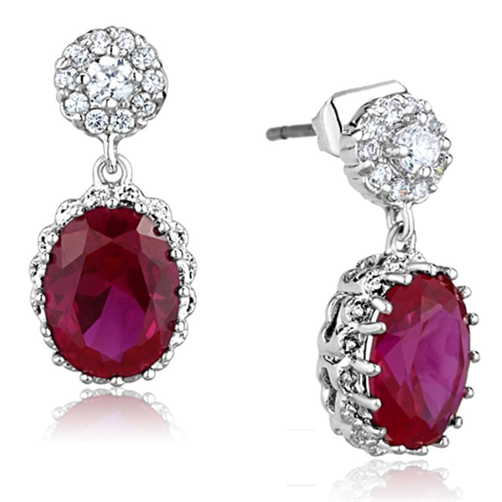 Brass Ruby CZ Oval Halo Cluster Drop Earrings