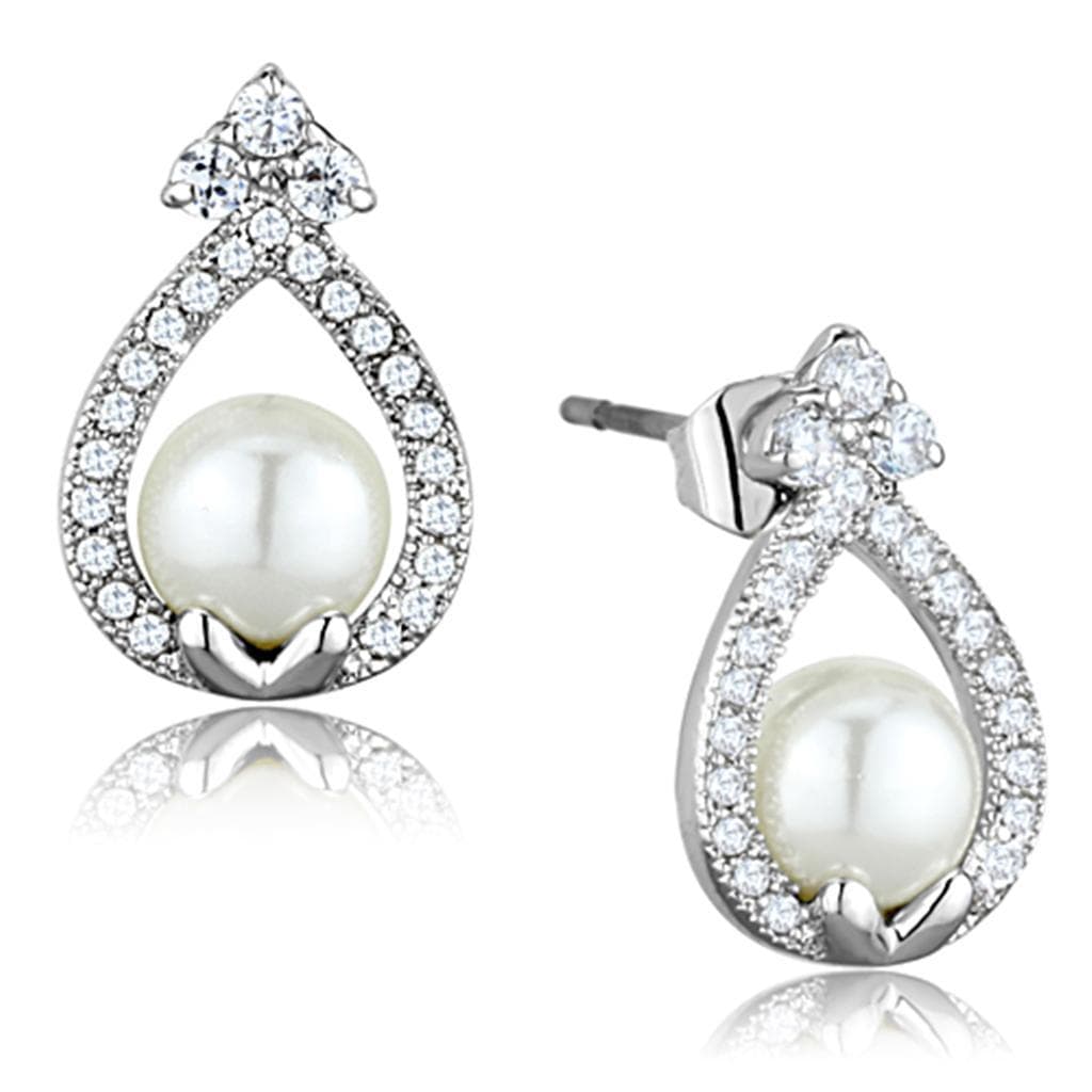 Brass Pearl CZ Pave Teardrop Frame Stud Earrings