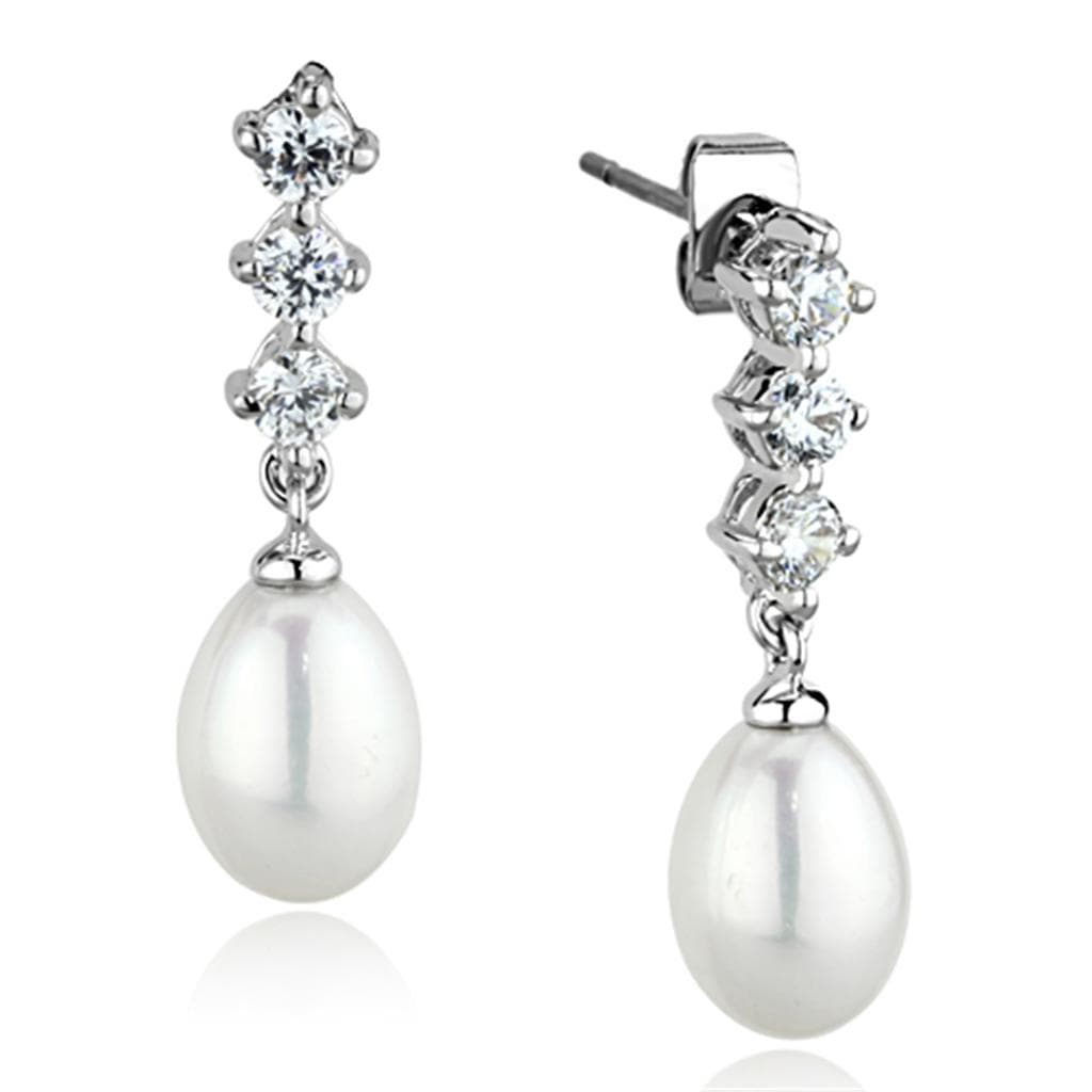 Brass CZ Graduated Triple Pearl Teardrop Drop Earrings