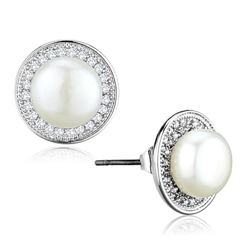 Brass Pearl CZ Pave Round Halo Stud Earrings