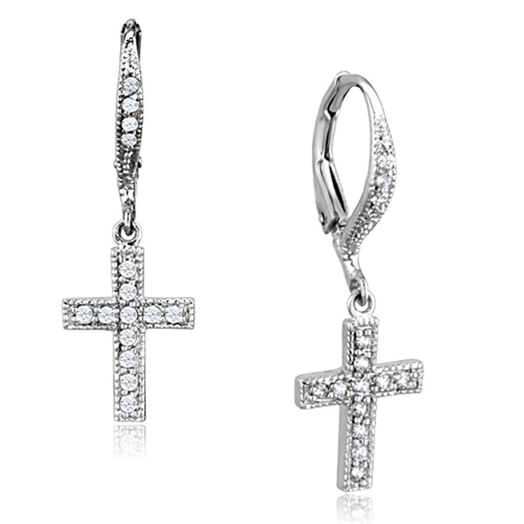 Brass CZ Pave Cross Huggie Dangle Earrings