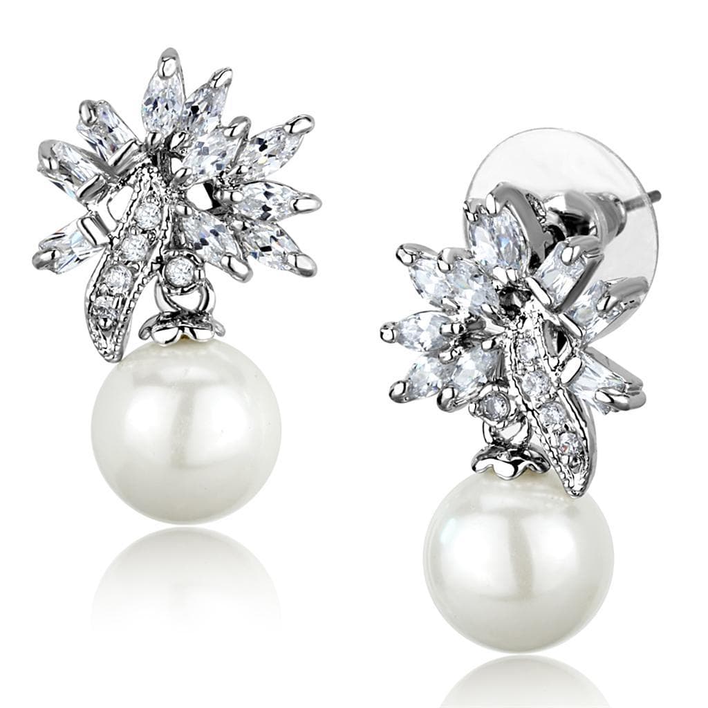 Brass CZ Marquise Cluster Pearl Drop Stud Earrings