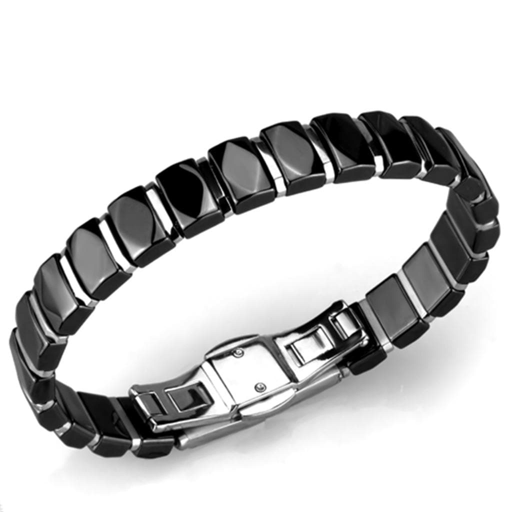 Stainless Steel Black Ceramic Silver Dome Link Bracelet
