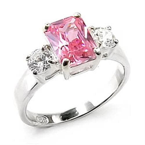 Sterling Silver Pink CZ Emerald Cut Three Stone Ring