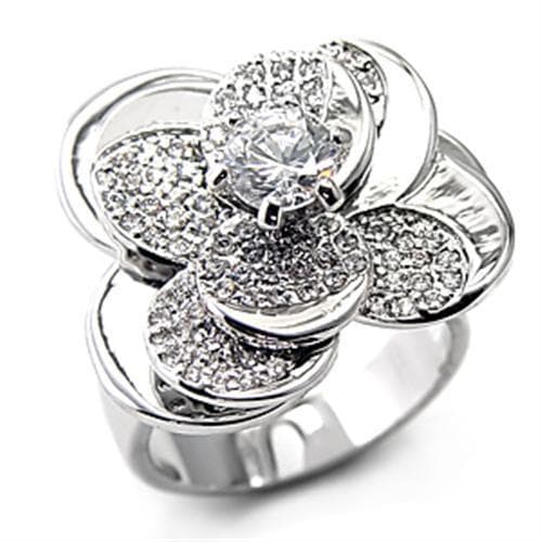 Sterling Silver CZ Pave Four Petal Flower Dome Ring
