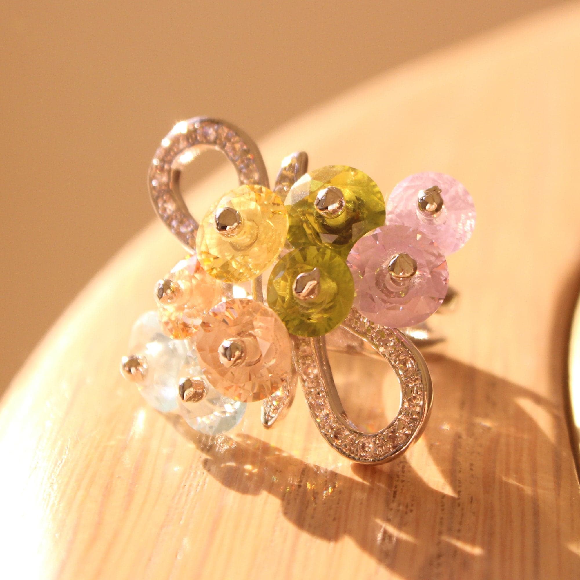 Brass Multi Glass Flower Bead Cluster Ring