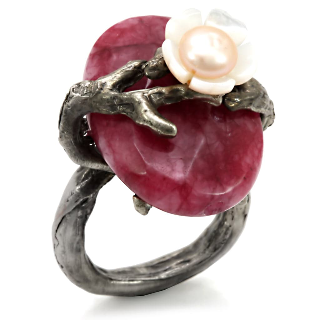 Brass Antique Silver Rhodonite Pearl Flower Branch Cocktail Ring