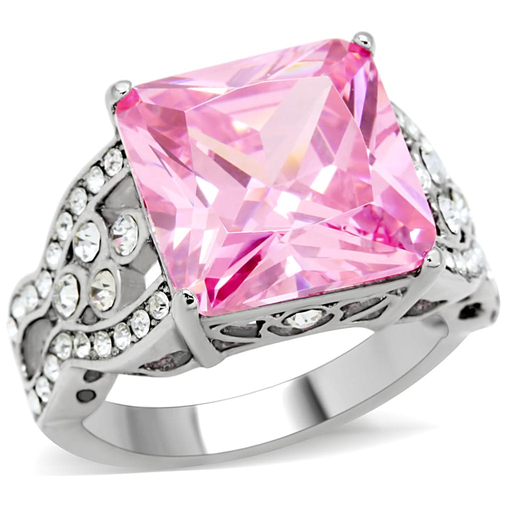 Stainless Steel Pink Princess Crystal CZ Vintage Cocktail Ring