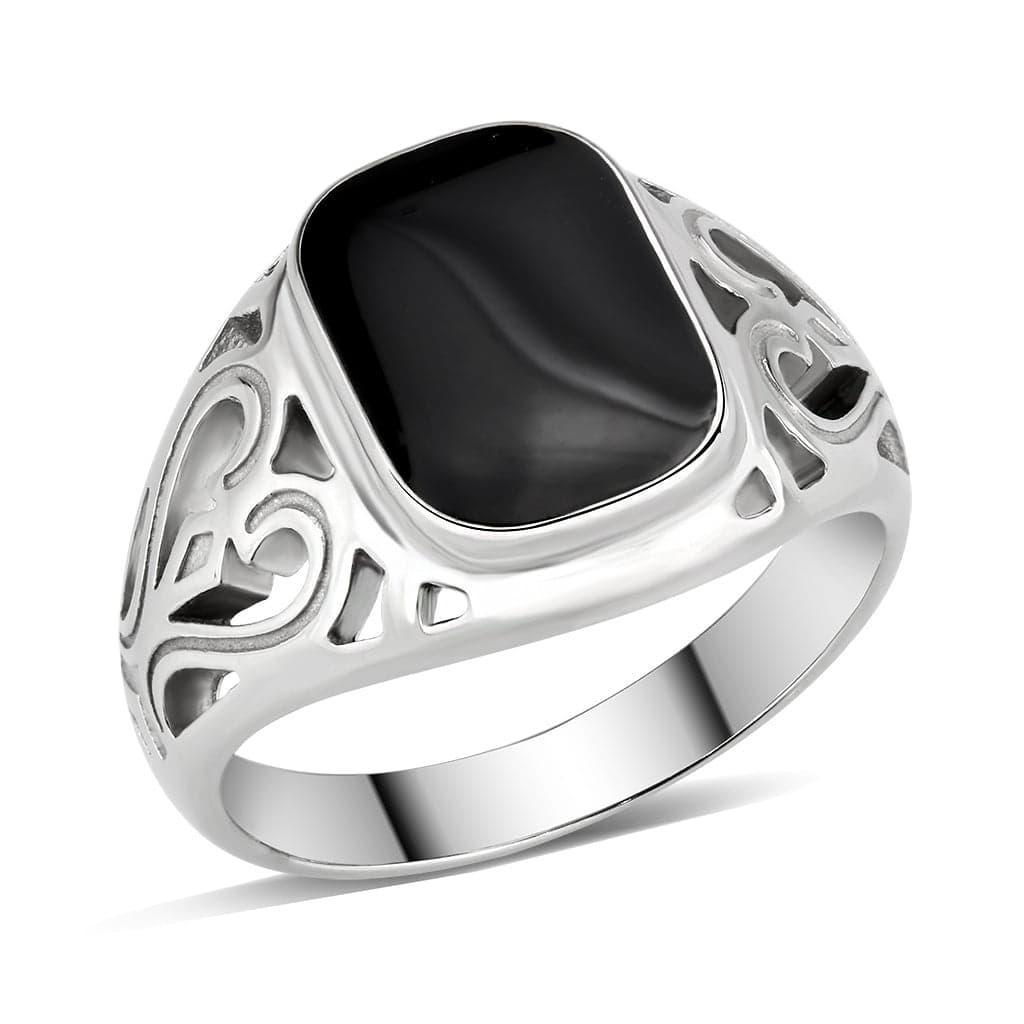 Stainless Steel Silver Black Onyx Rectangle Filigree Mens Ring