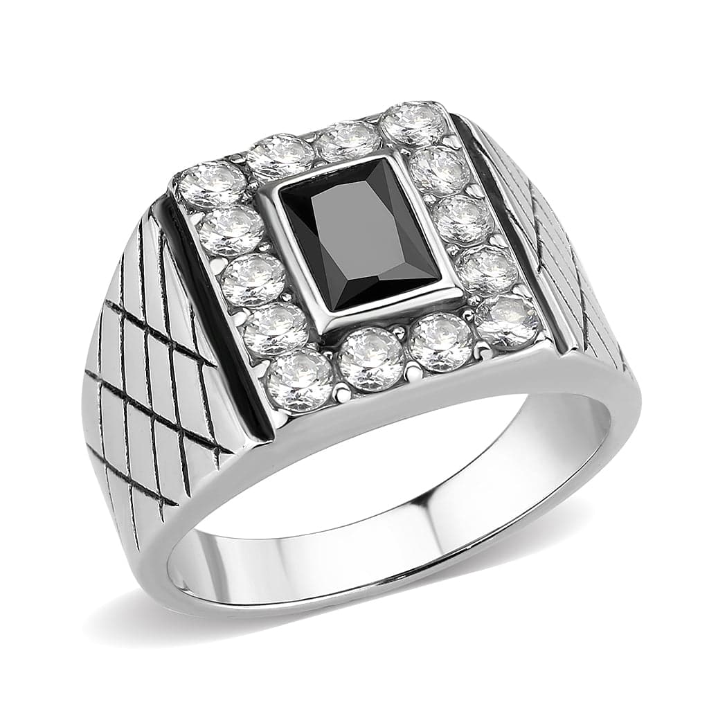 Stainless Steel Silver Black Onyx Square CZ Halo Mens Signet Ring