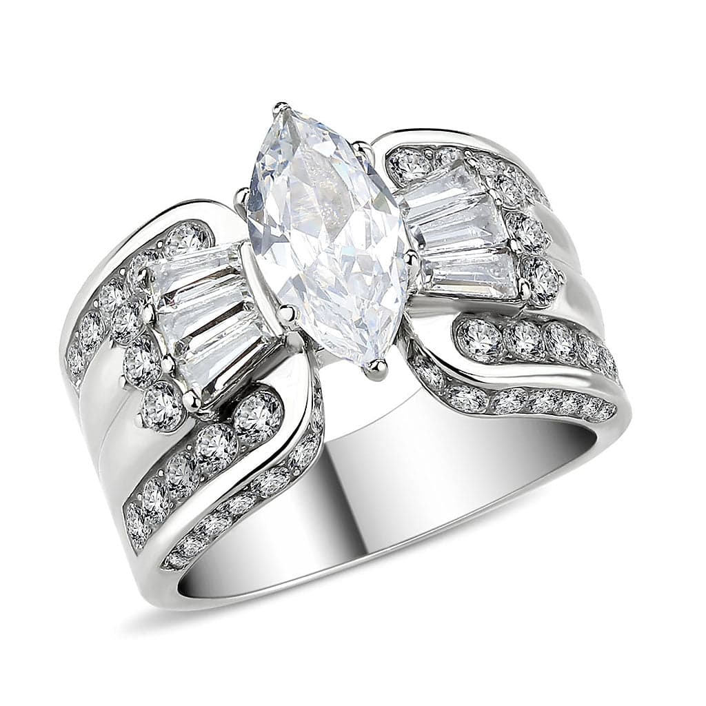 Stainless Steel Silver CZ Marquise Baguette Pave Wide Ring