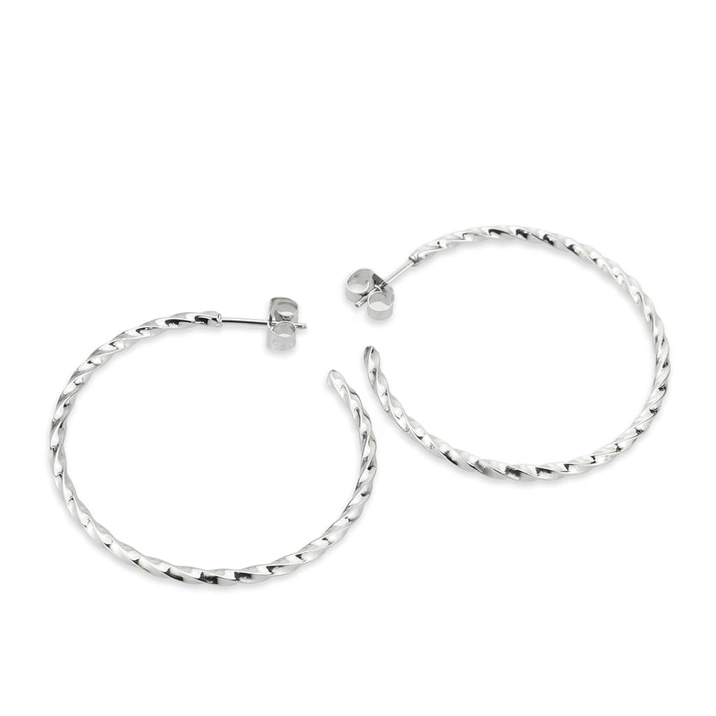 Stainless Steel Silver Polished Twisted Diamond Cut Hoop Earrings